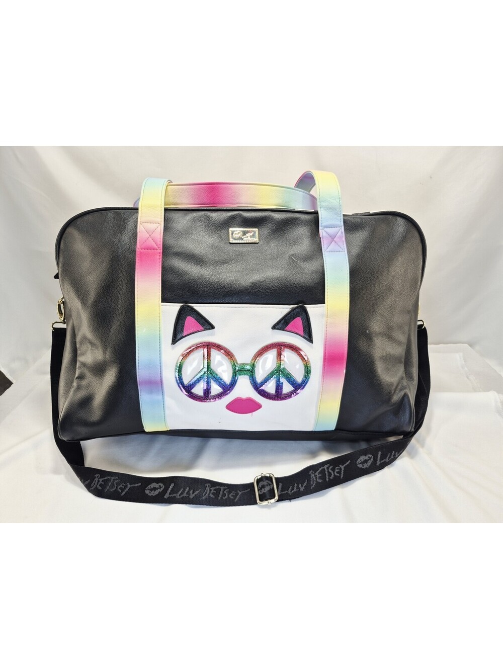 Betsey Johnson faux leather weekender duffle bag 18" cat design and rainbows - Picture 1 of 16